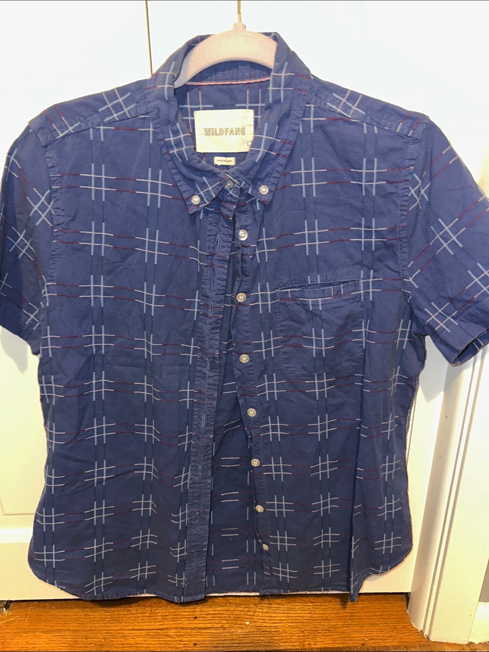 Wildfang Navy Plaid Short Sleeve Button-Down Shirt